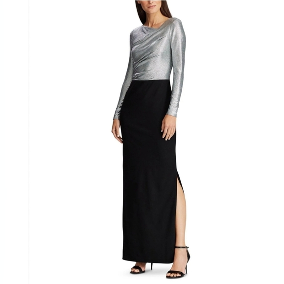 Ralph Lauren Women's Black/Silver Long Sleeve Maxi Sheath Evening Dress Size 16 - Picture 1 of 14